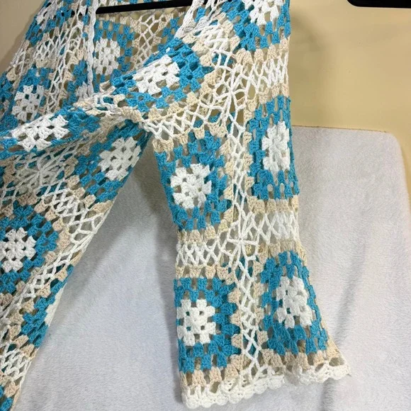 POL OS Crochet Granny Square Duster Cardigan Blue White Fringe Boho Coverup Y2K - Picture 5 of 10